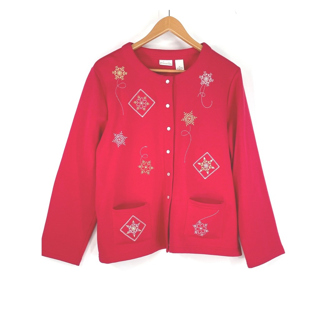 Kim Rogers Womens Cardigan PL Sweater Red Snowflake Embroidered Fleece